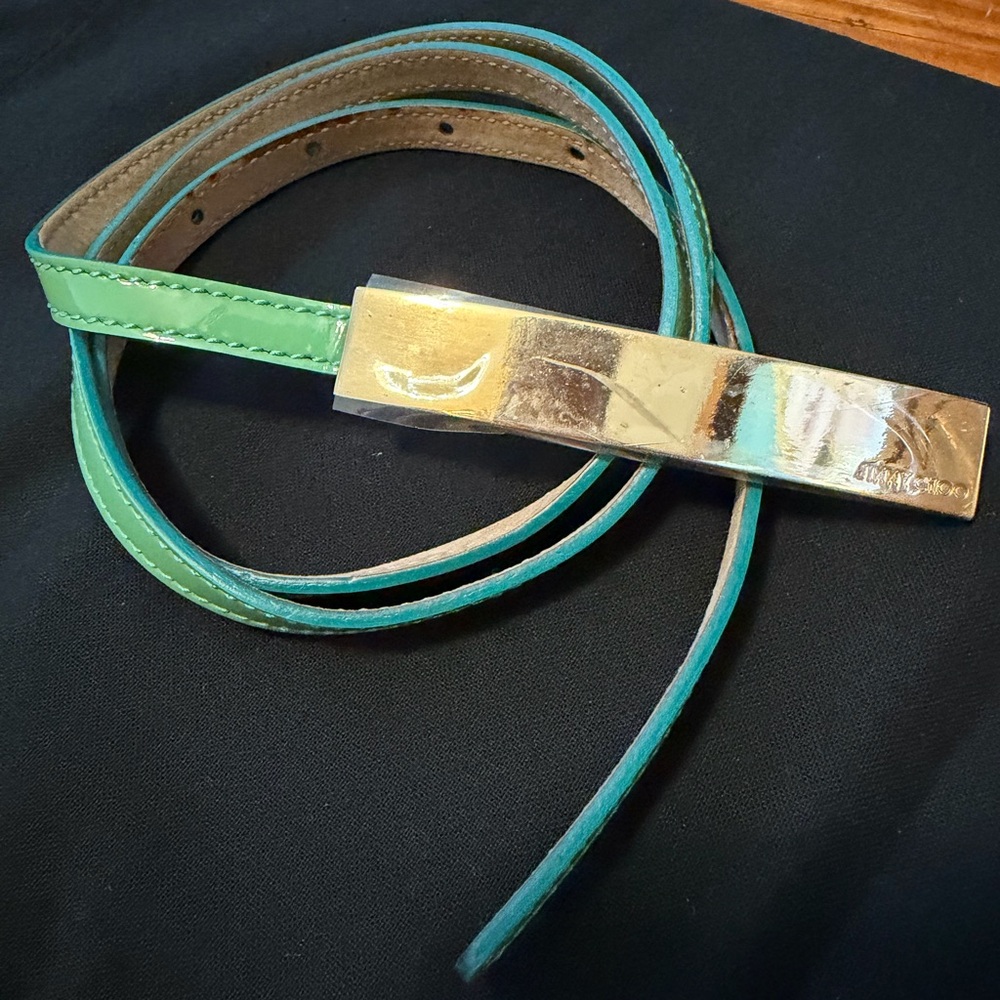 New Authentic Jimmy Choo Green and Gold Patent leather belt  size 80